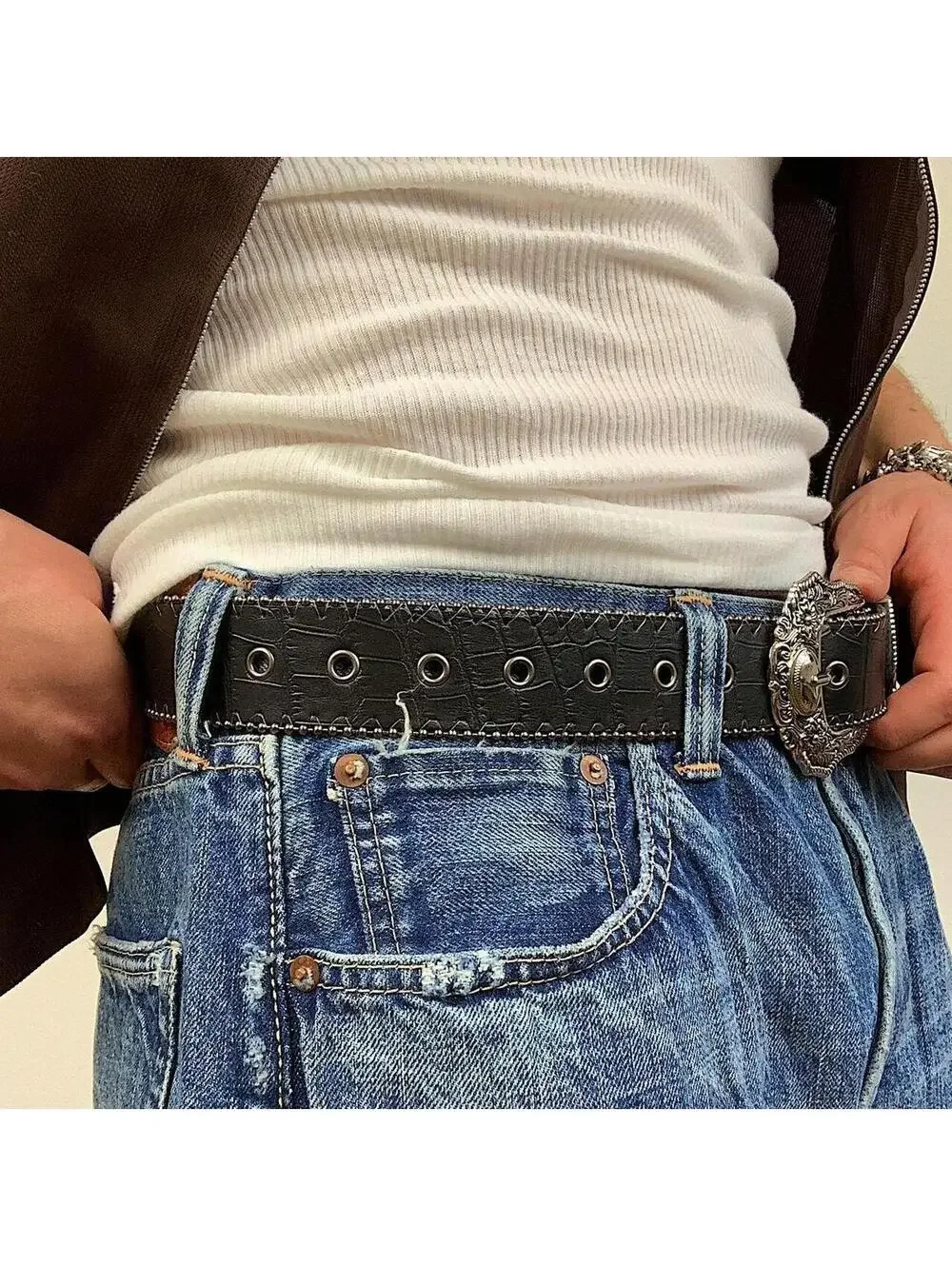 Y2k 2000s style black western silver boho belt. 38.5 inches length. Unisex